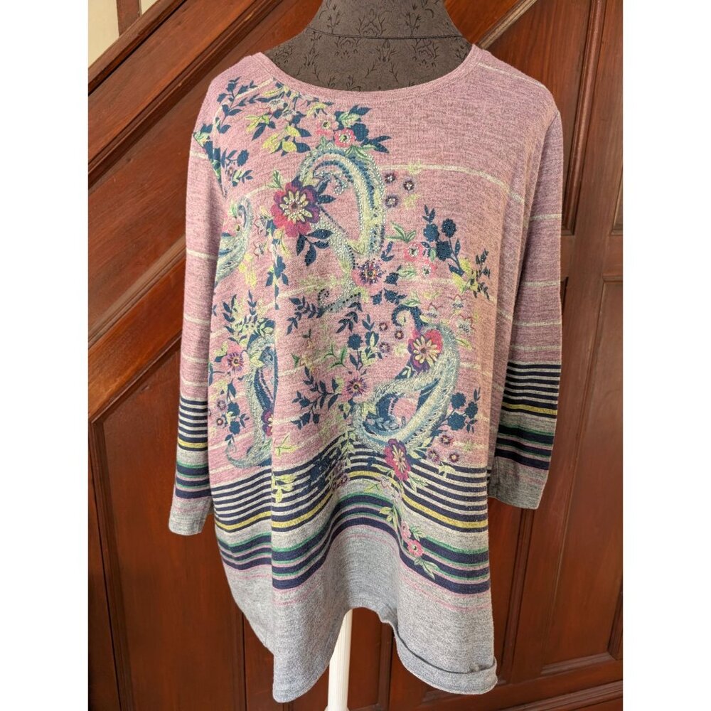 Chicos Floral Paisley Print Knit Top Size 4 Multicolor Casual 3/4 Sleeve Lightwe
